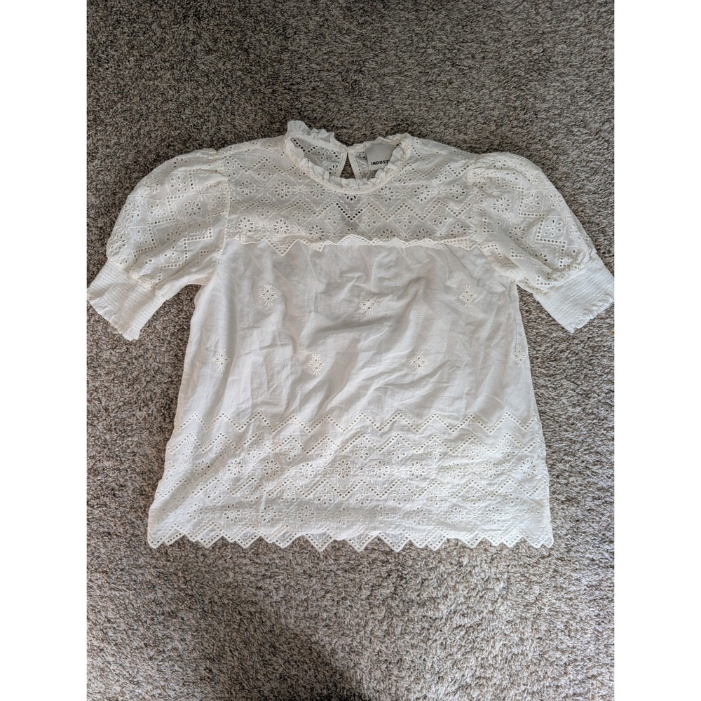 Industry Republic Eyelet Lace Blouse Womens M White Puff Sleeve Cottagecore